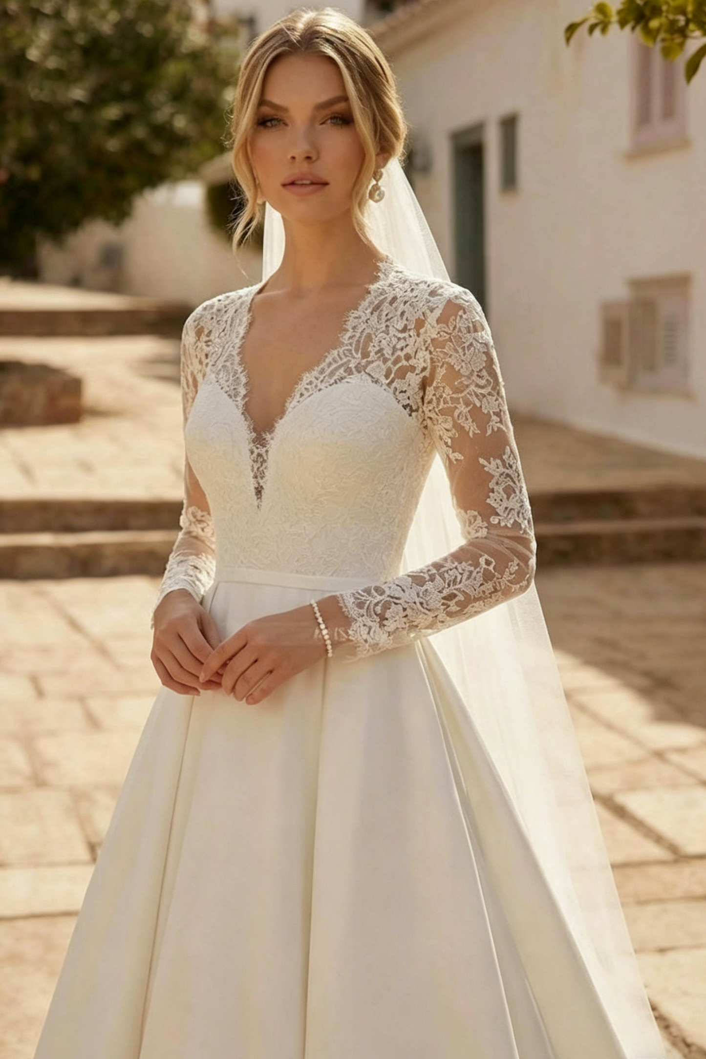 A-Line V-Neck Long Sleeves Satin Wedding Dresses With Pockets