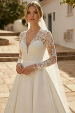 A-Line V-Neck Long Sleeves Satin Wedding Dresses With Pockets