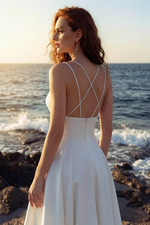 A-Line V-Neck Sleeveless Tea-Length Satin Wedding Dress With