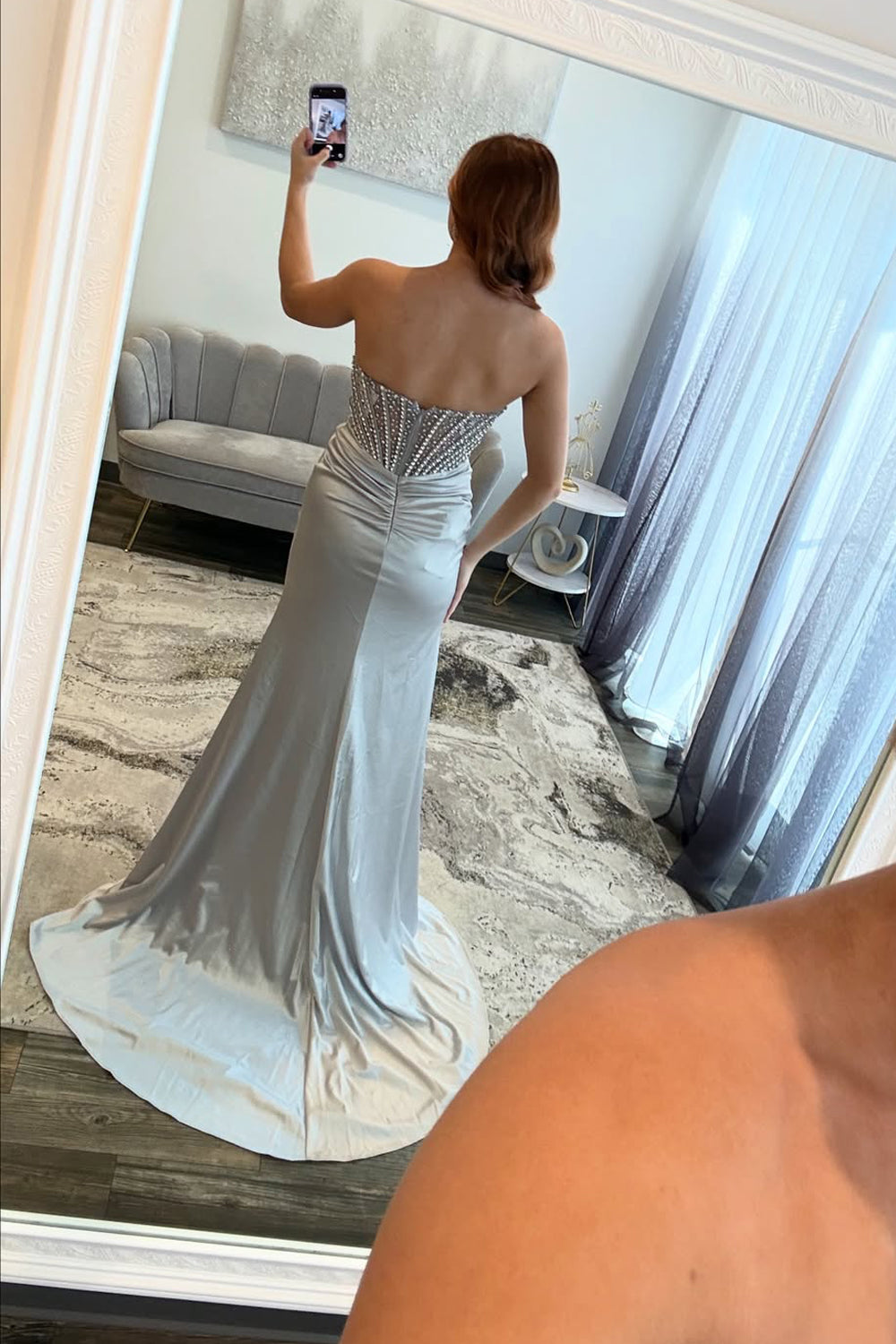 Charming Mermaid Sweetheart Silver Satin Prom Dress with Beading