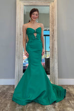 Mermaid Strapless Green Satin Keyhole Long Prom Dresses