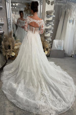 Elegant A Line Off the Shoulder Lace Tulle Wedding Dress with Long Sleeves