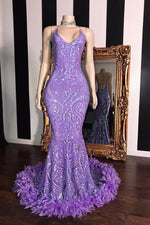 Gorgeous Halter Mermaid Sleeveless Sequins Lace Prom Dress With Feather