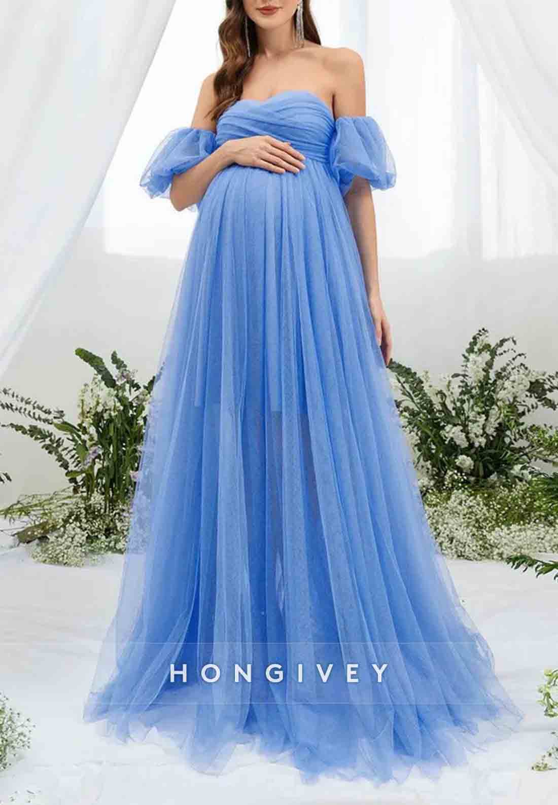 Maternity Sweetheart Off the Shoulder Puff Sleeve Mesh Overlay Wedding Dress