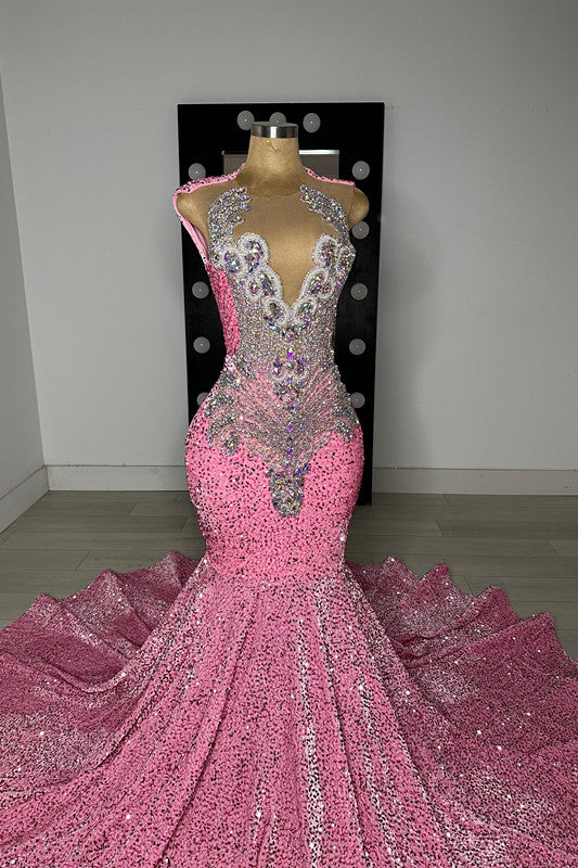 Pink Scoop Sleeveless Mermaid Prom Dresses Sequins Long With Beadings