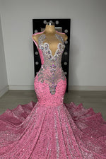 Pink Scoop Sleeveless Mermaid Prom Dresses Sequins Long With Beadings
