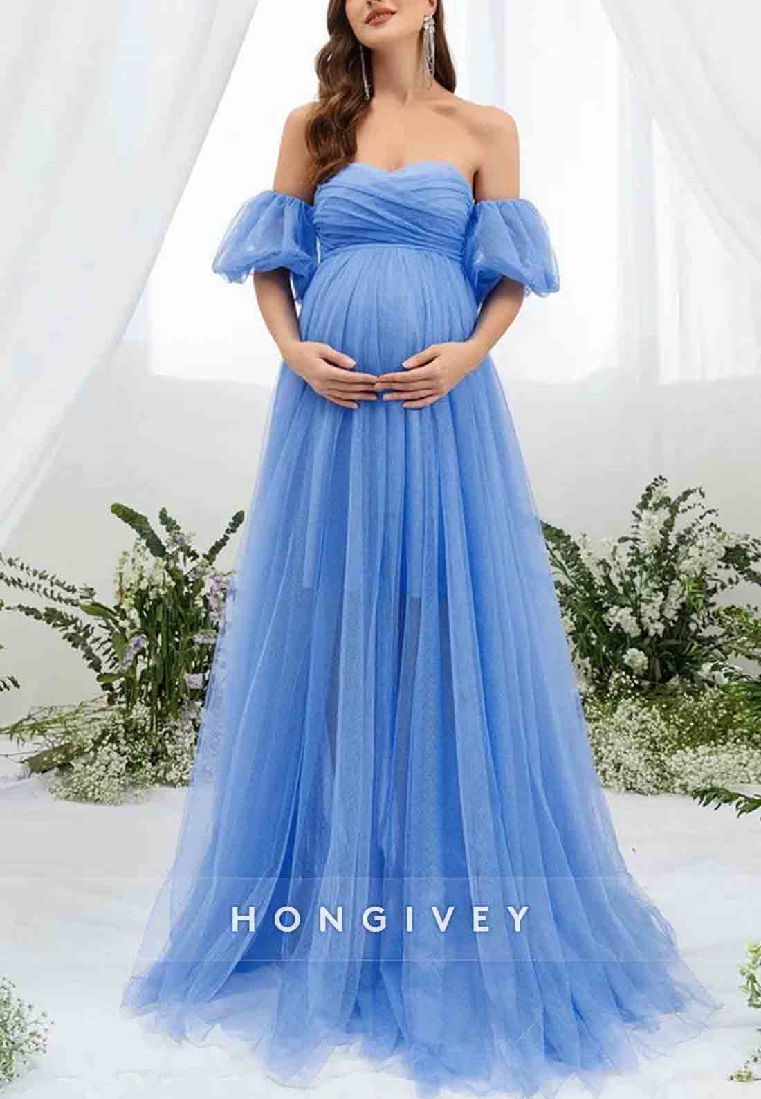 Maternity Sweetheart Off the Shoulder Puff Sleeve Mesh Overlay Wedding Dress