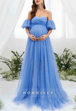 Maternity Sweetheart Off the Shoulder Puff Sleeve Mesh Overlay Wedding Dress