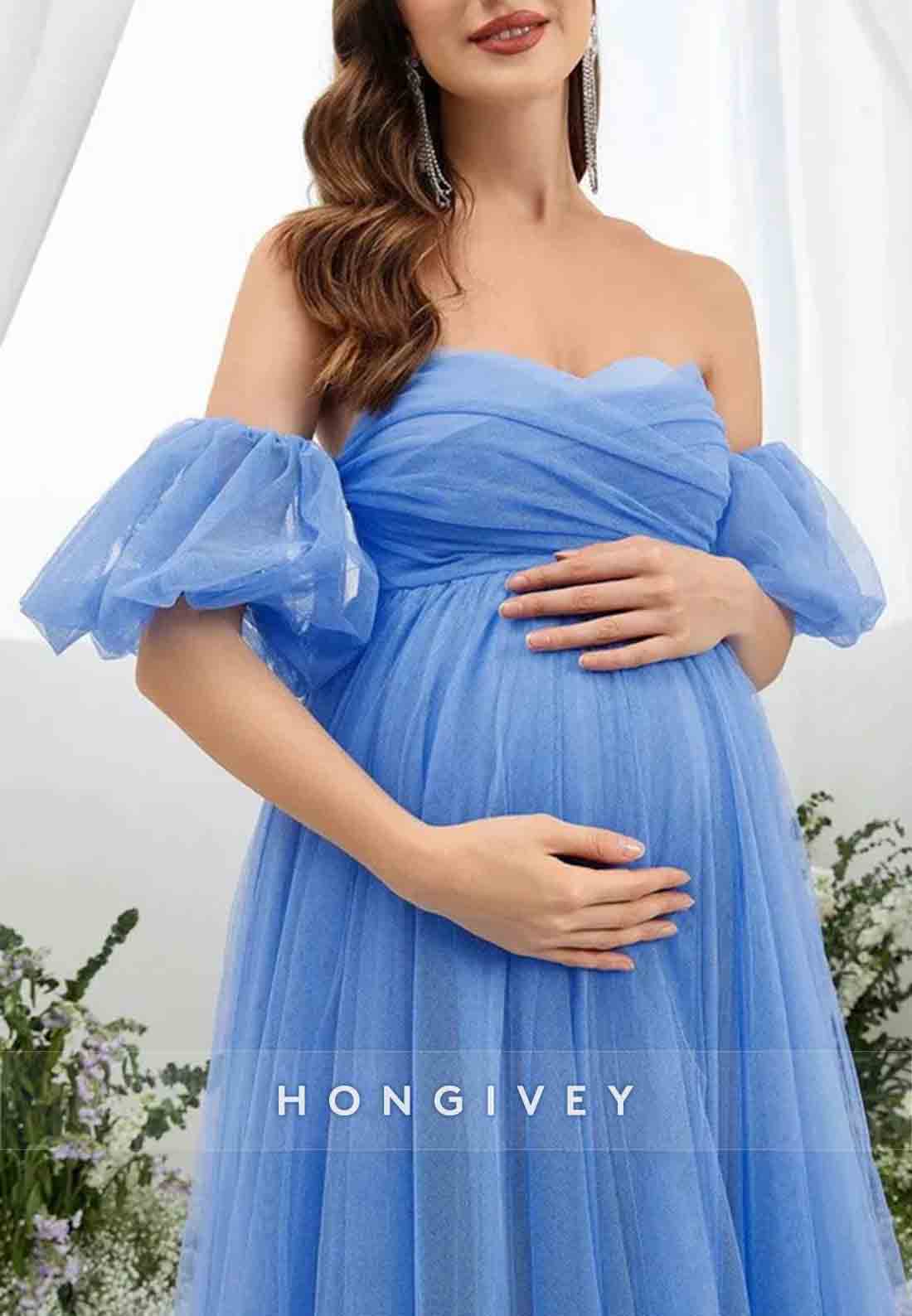 Maternity Sweetheart Off the Shoulder Puff Sleeve Mesh Overlay Wedding Dress