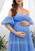 Maternity Sweetheart Off the Shoulder Puff Sleeve Mesh Overlay Wedding Dress