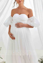 Maternity Sweetheart Off the Shoulder Puff Sleeve Mesh Overlay Wedding Dress