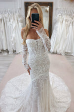 Boho Mermaid Off the Shoulder Long Sleeves Lace Wedding Dress