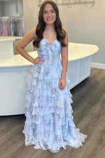 A Line Sweetheart Floral Chiffon Tiered Prom Dress with Slit