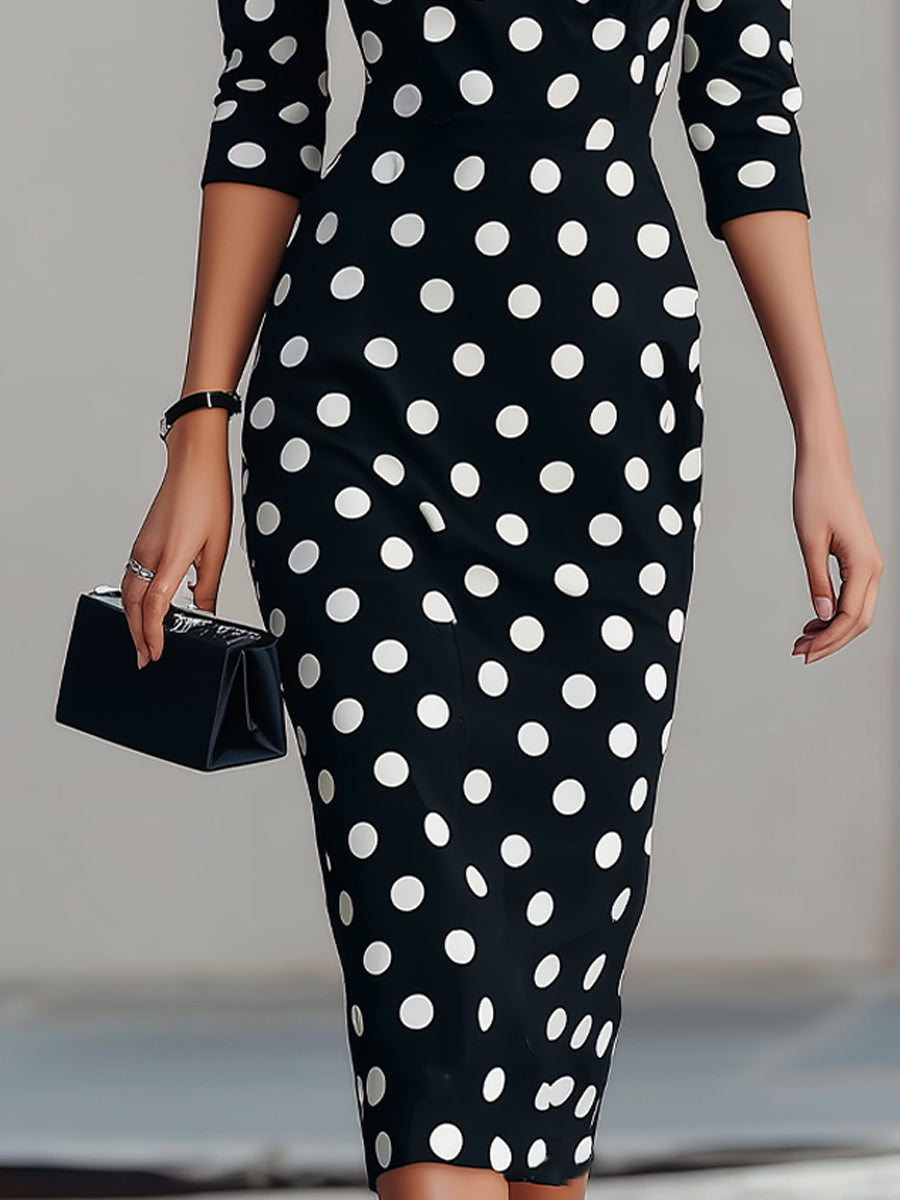 BlackWhite Polka Dot Midi Sheath Dress