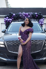 Modern Grape Sweetheart One Shoulder Prom Dress Split Long With Beadings