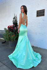 Mermaid Square Neck Mint Satin Long Prom Dress with Beading