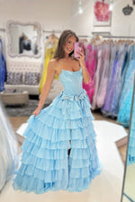 A Line Scoop Neck Light BlueTiered Chiffon Prom Dress with Bow
