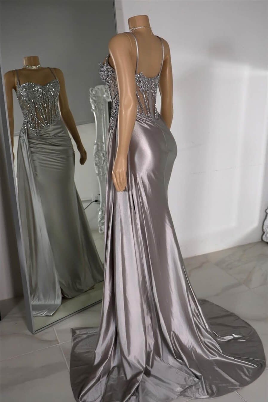 Silver Spaghetti-Straps Sleeveless Mermaid Prom Dress Split Long With Ruffles Appliques