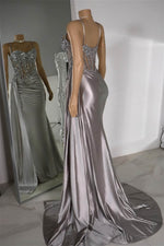 Silver Spaghetti-Straps Sleeveless Mermaid Prom Dress Split Long With Ruffles Appliques