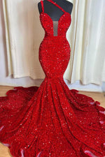 Hidais Red Mermaid Sleeveless One Shoulder Prom Dress Sweetheart Elegant Sequins