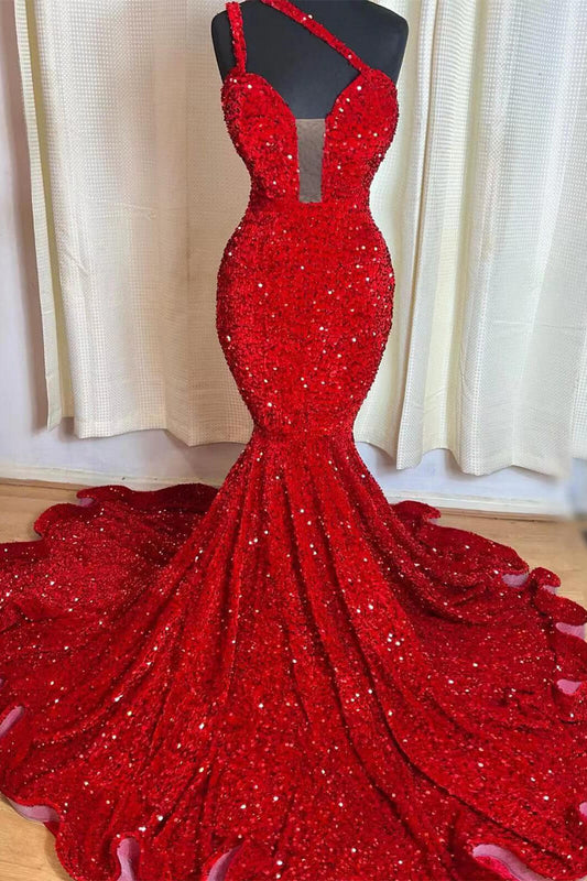 Hidais Red Mermaid Sleeveless One Shoulder Prom Dress Sweetheart Elegant Sequins