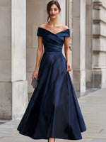 Navy Off-the-Shoulder Satin  Gown