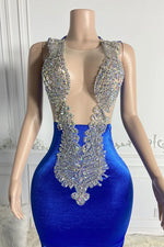 Royal Blue Sleeveless Mermaid Prom Dress Beadings With Zipper Back