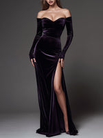 Deep Plum Off-Shoulder Velvet Evening Dress With High Slit