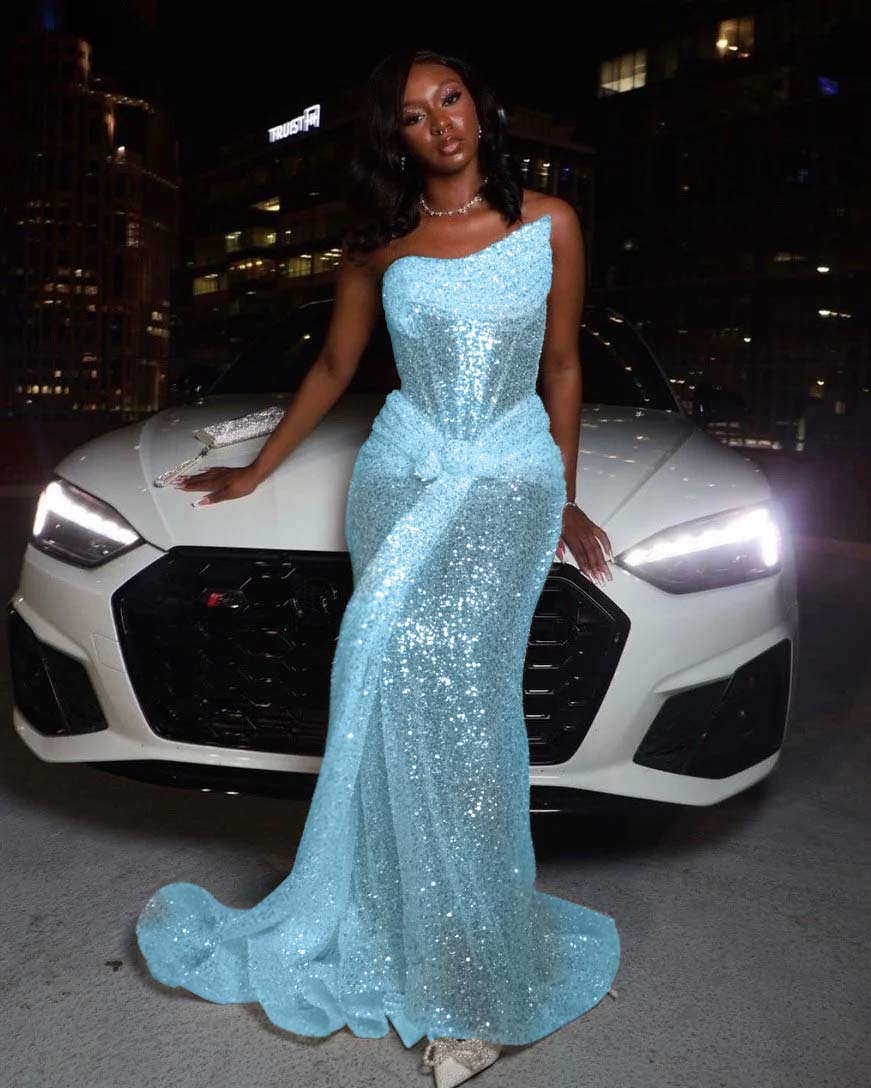 Hidais Tulle Asymmetric Strapless Sleeveless Long Pleated Mermaid Prom Dress With Sequins And Ruffles