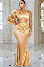 Plus Size Formal Blue Mock Neck Lantern Sleeve Long Sleeve Drilling Elegant See Through Tulle Satin Maxi Dresses