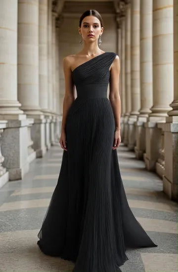 Prom Formal Pleated Dress Rose Color One Shoulder Floor-Length Dress