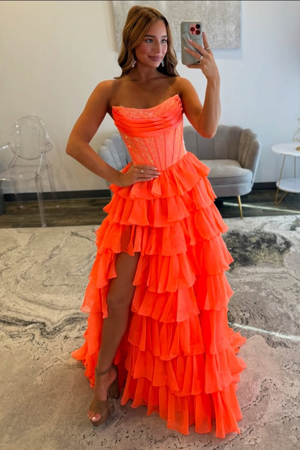 Gorgeous A Line Scoop Neck Orange Chiffon Tiered Prom Dress with Slit