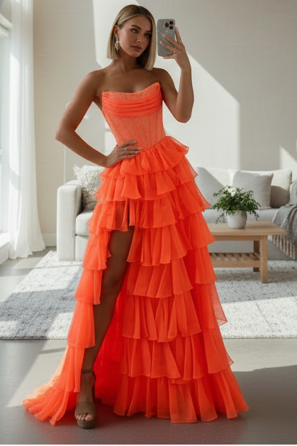 Gorgeous A Line Scoop Neck Orange Chiffon Tiered Prom Dress with Slit