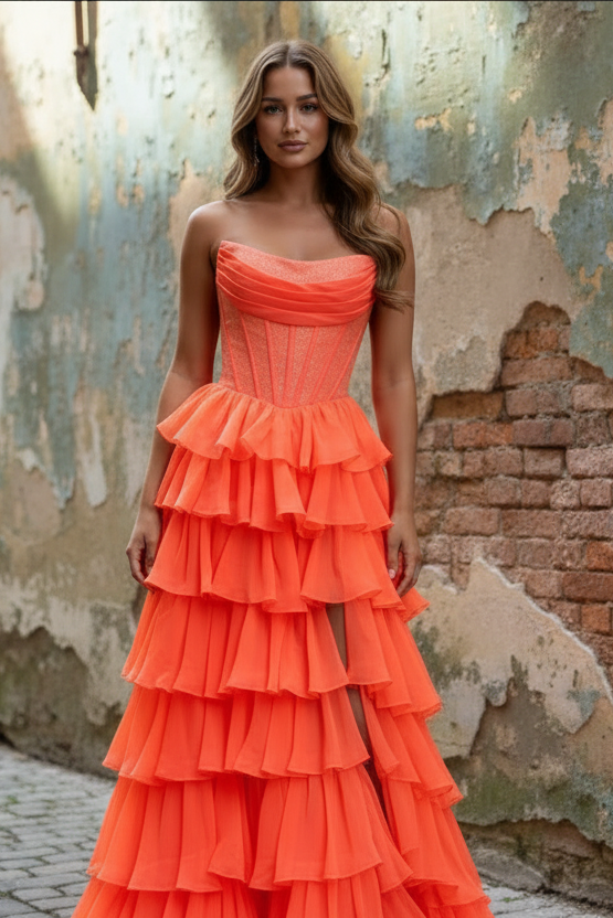 Gorgeous A Line Scoop Neck Orange Chiffon Tiered Prom Dress with Slit