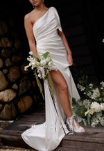 One Shoulder High Slit Satin Pleated Sweep Train Wedding Dresses