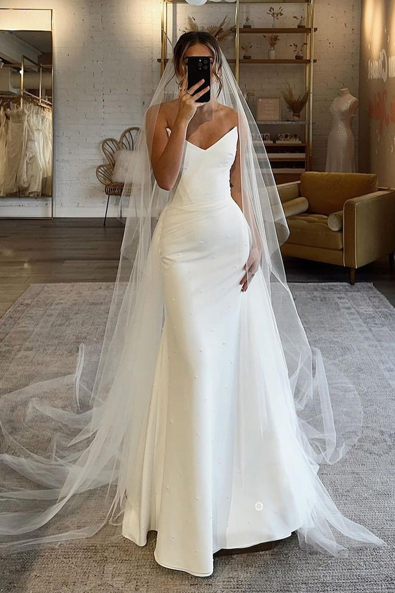Mermaid Strapless White Satin Wedding Dresses with Pearls