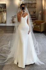 Mermaid Strapless White Satin Wedding Dresses with Pearls