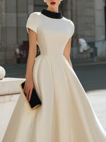 Contrast Collar Fit-and-Flare Midi Dress