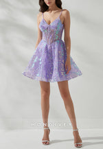 Violet Spaghetti Straps Appliqued A-Line V-Neck Short Homecoming Dress