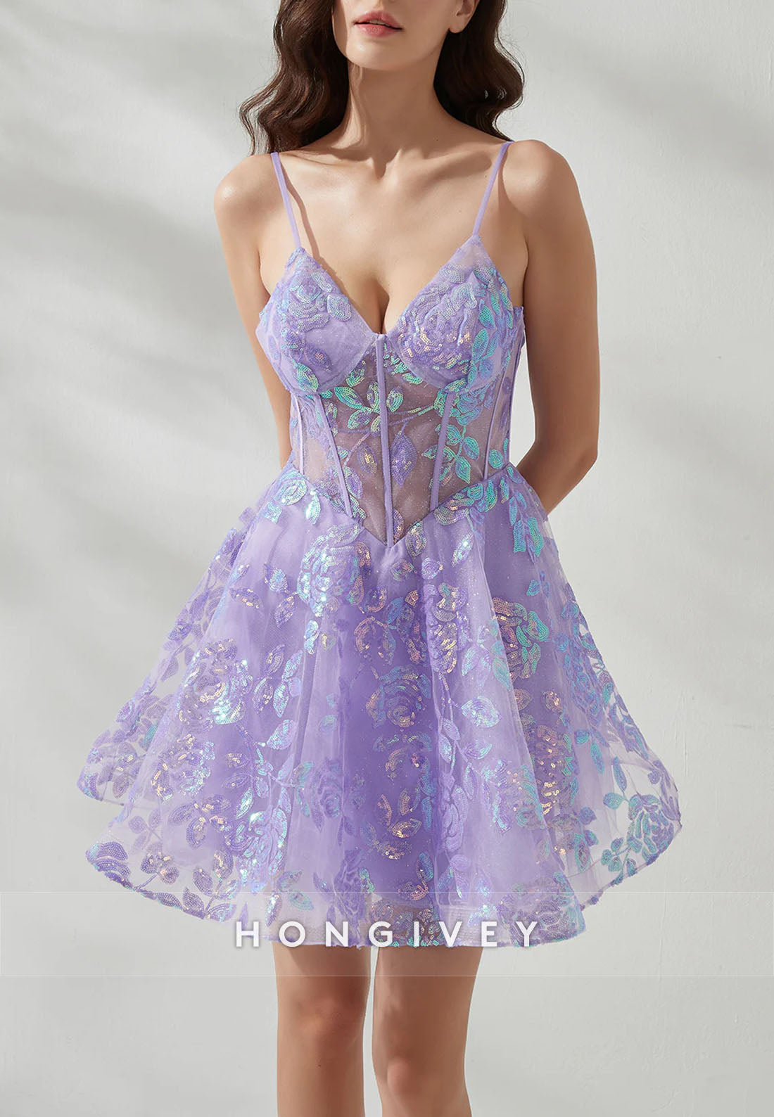 Violet Spaghetti Straps Appliqued A-Line V-Neck Short Homecoming Dress
