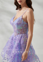 Violet Spaghetti Straps Appliqued A-Line V-Neck Short Homecoming Dress