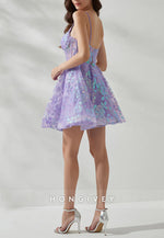 Violet Spaghetti Straps Appliqued A-Line V-Neck Short Homecoming Dress
