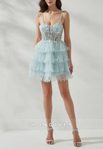 Spaghetti Straps Low Back A-Line Metallic Yarn Short Homecoming Dress with Ruffles