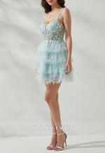 Spaghetti Straps Low Back A-Line Metallic Yarn Short Homecoming Dress with Ruffles