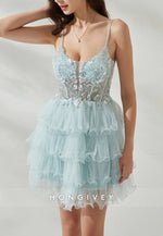 Spaghetti Straps Low Back A-Line Metallic Yarn Short Homecoming Dress with Ruffles