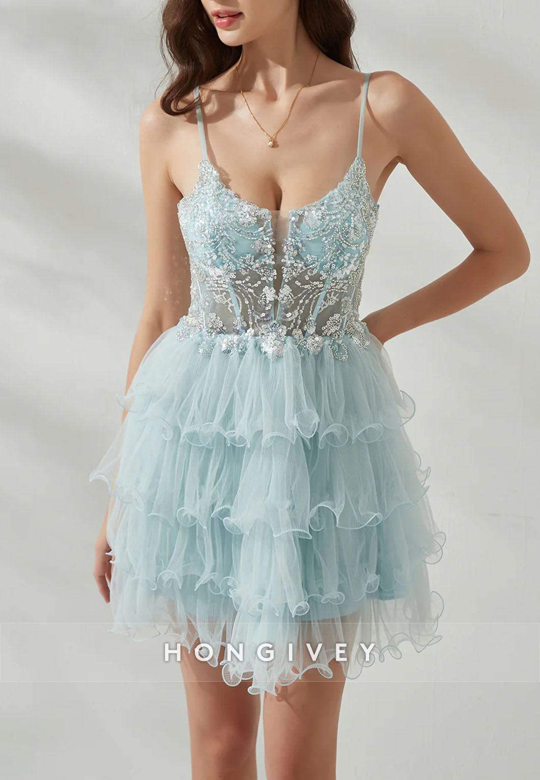 Spaghetti Straps Low Back A-Line Metallic Yarn Short Homecoming Dress with Ruffles