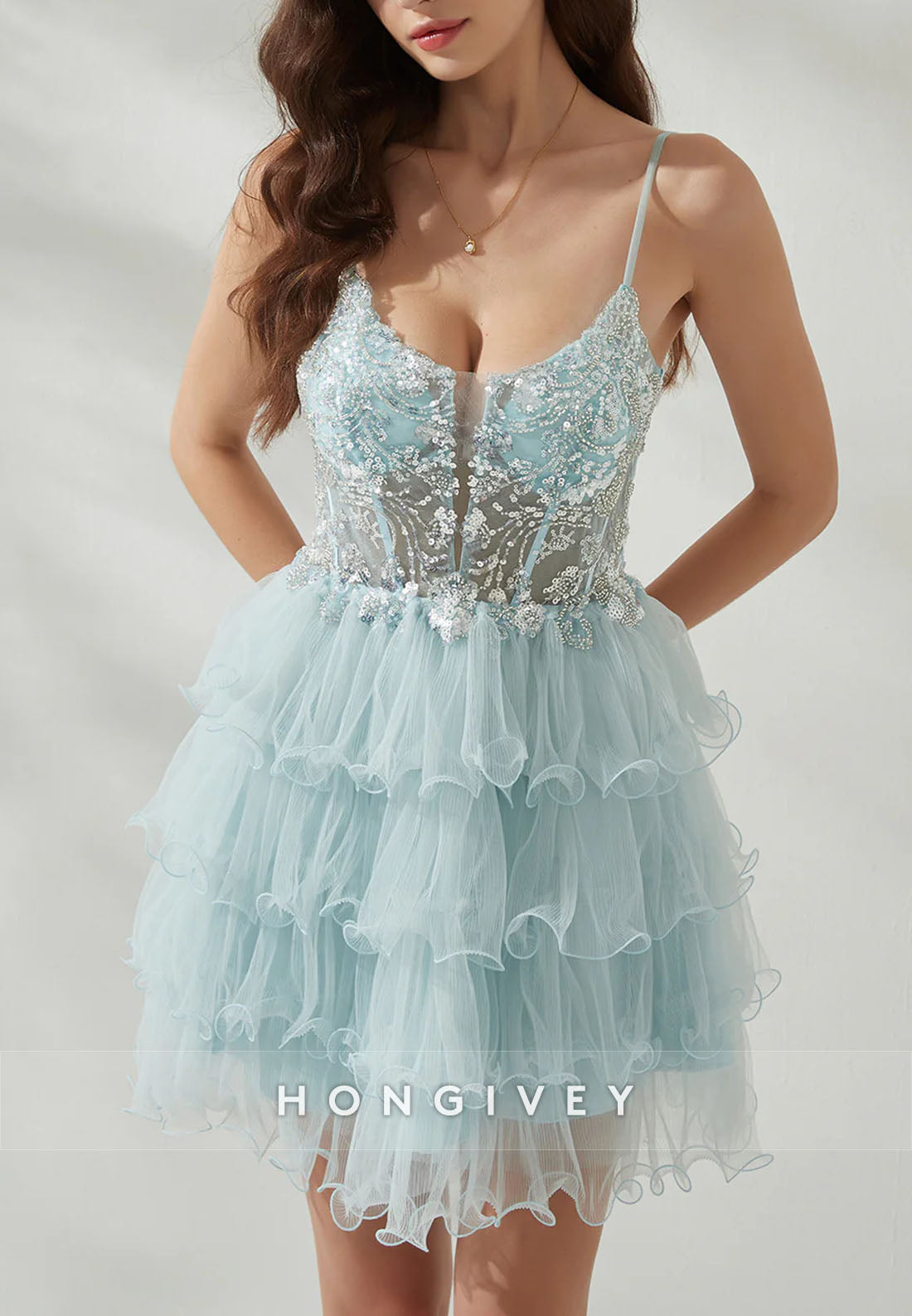Spaghetti Straps Low Back A-Line Metallic Yarn Short Homecoming Dress with Ruffles