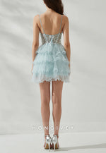 Spaghetti Straps Low Back A-Line Metallic Yarn Short Homecoming Dress with Ruffles