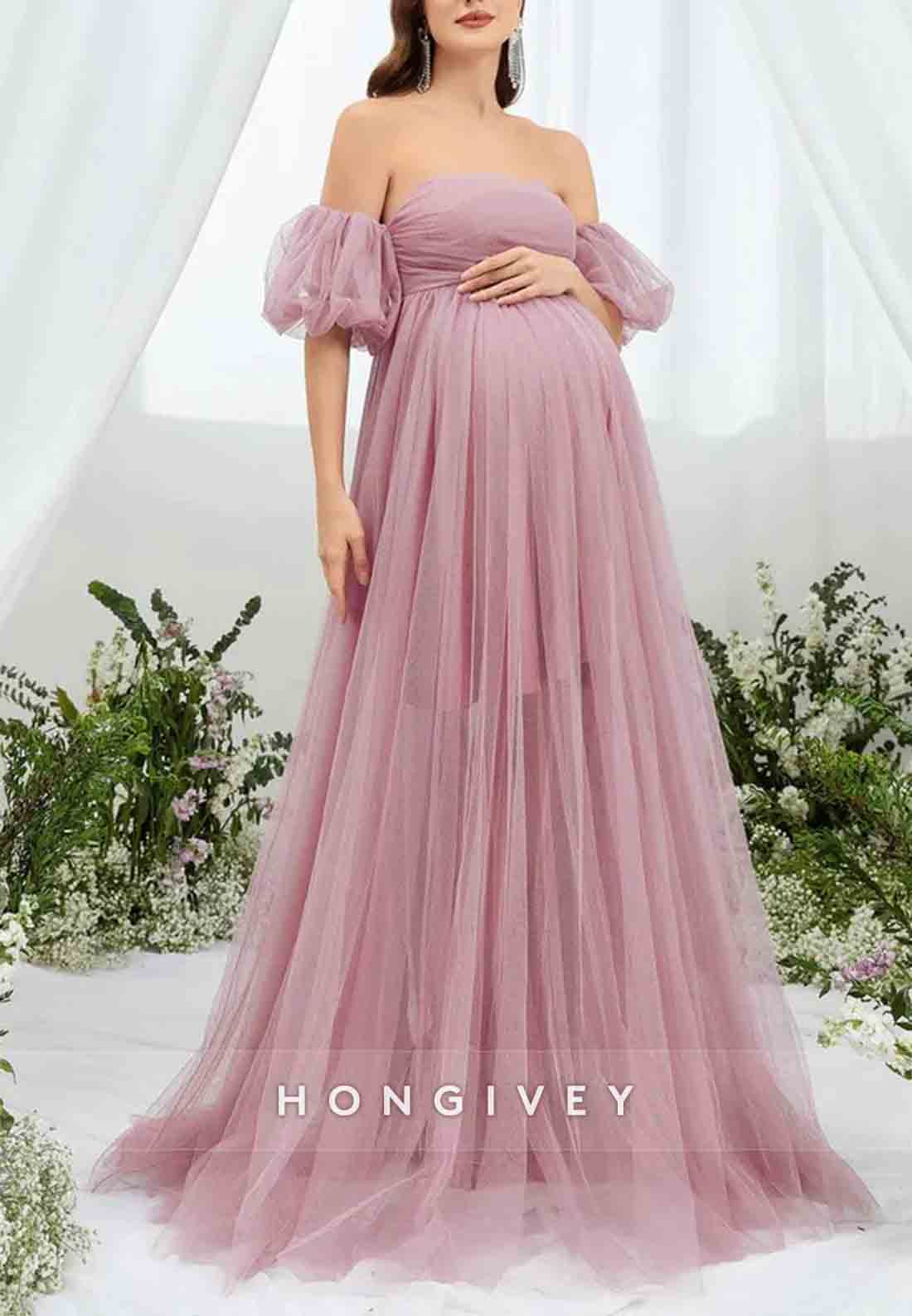 Maternity Sweetheart Off the Shoulder Puff Sleeve Mesh Overlay Wedding Dress