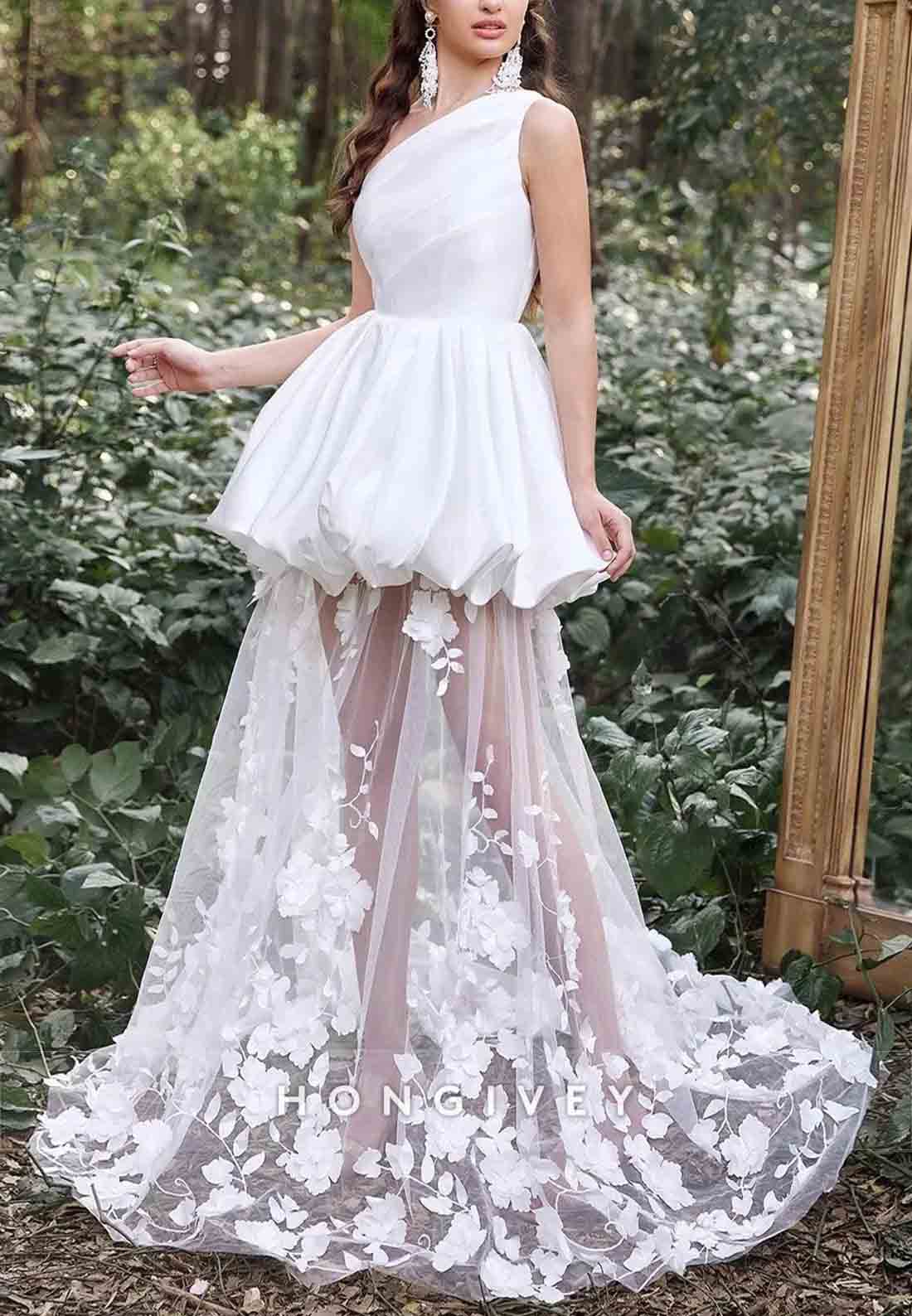 Gorgeous One Shoulder Satin Bodice Contrast Applique Tulle Overlay Wedding Dresses